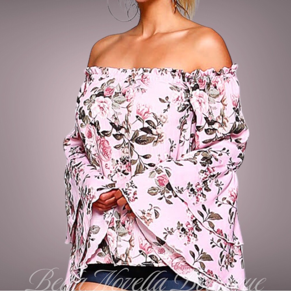 🔴 Floral Off the Shoulder Tiered Bell Sleeve Top New - Picture 3 of 5